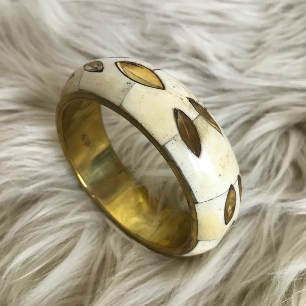 Gold Leafed Carved Bone Chunky Bracelet Bangle